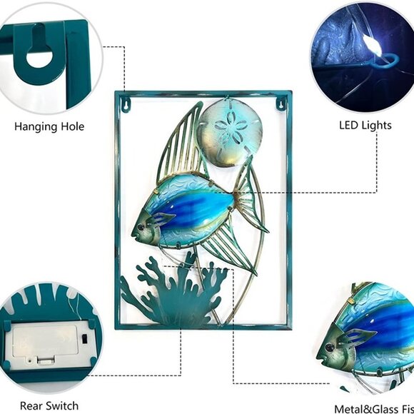 NEW Metal Fish Wall Decor with Frame-Outdoor Wall Art, Wall Decor with LED - Picture 8 of 8